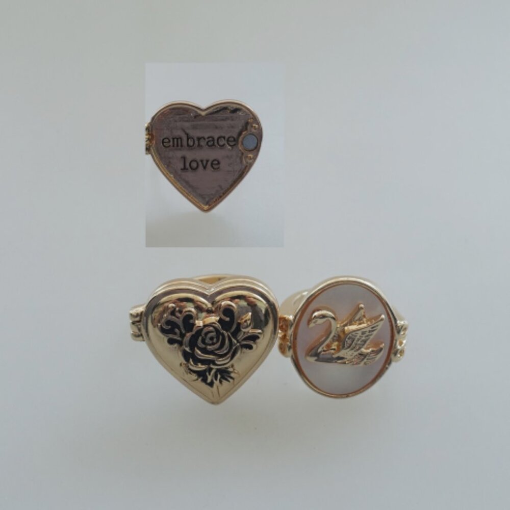 Anthropologie Vintage-Inspired Locket & Swan Signet Ring Set (Set of 2)